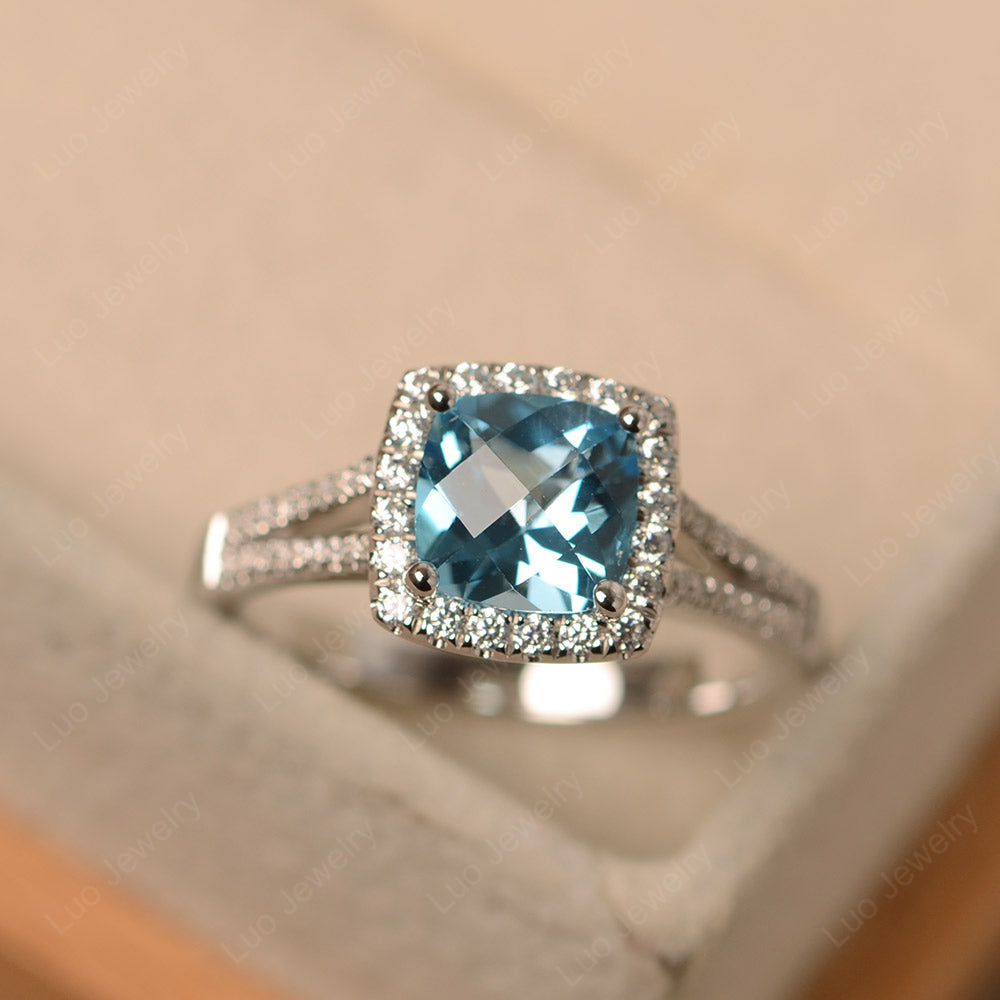 Swiss Blue Topaz Cushion Cut Split Shank Halo Engagement Ring - LUO Jewelry