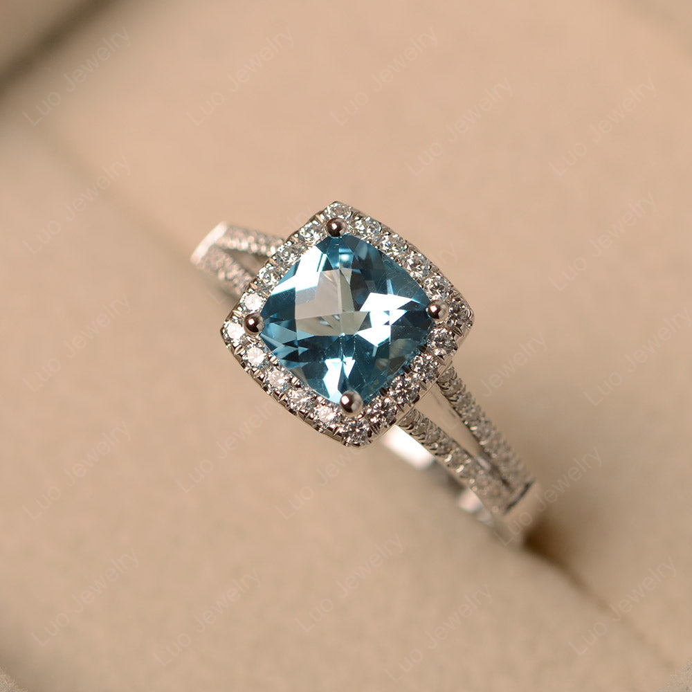 Swiss Blue Topaz Cushion Cut Split Shank Halo Engagement Ring - LUO Jewelry