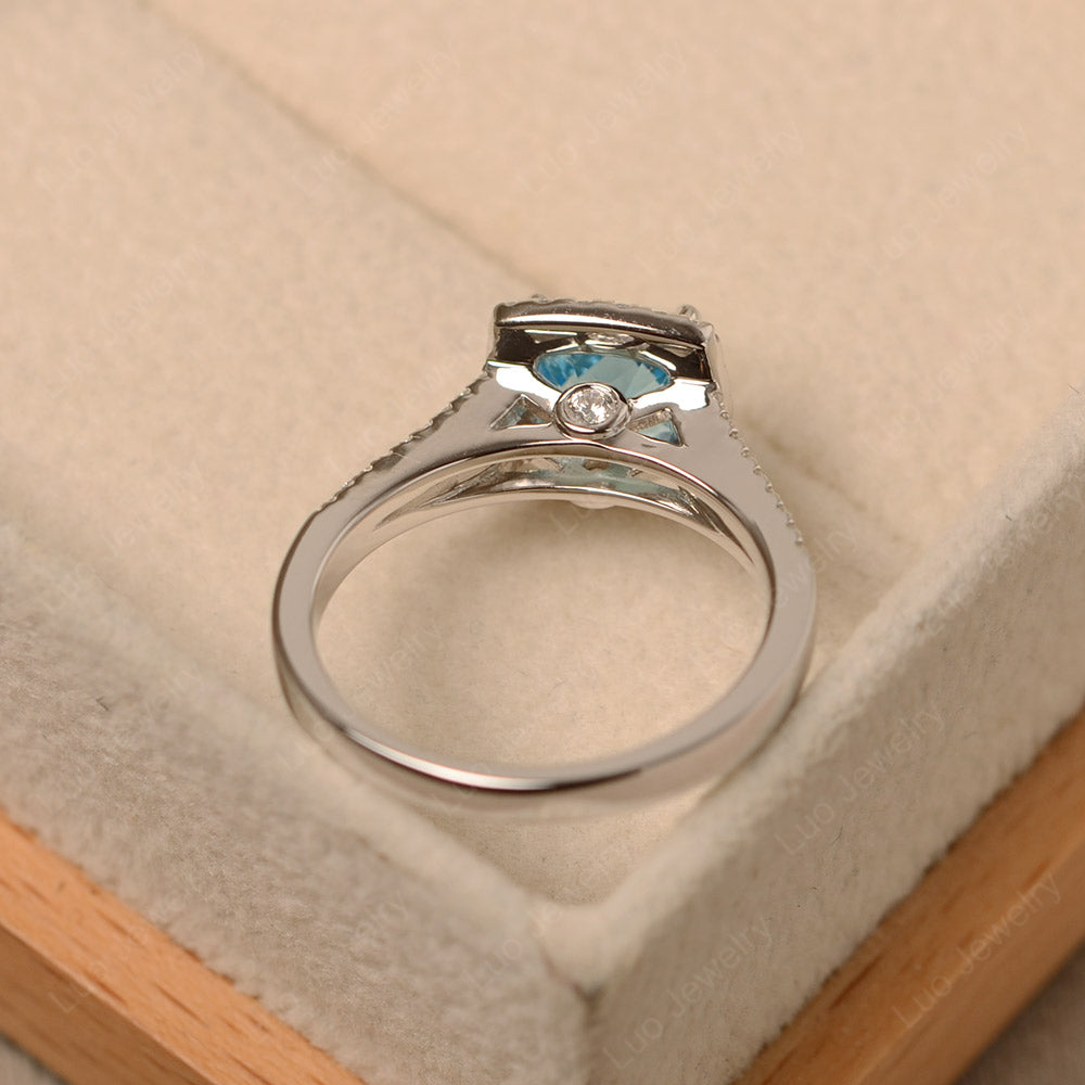 Swiss Blue Topaz Cushion Cut Split Shank Halo Engagement Ring - LUO Jewelry