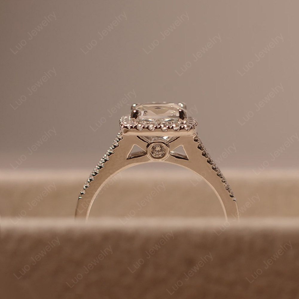 White Topaz Cushion Cut Split Shank Halo Engagement Ring - LUO Jewelry