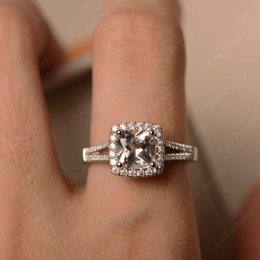 White Topaz Cushion Cut Split Shank Halo Engagement Ring - LUO Jewelry