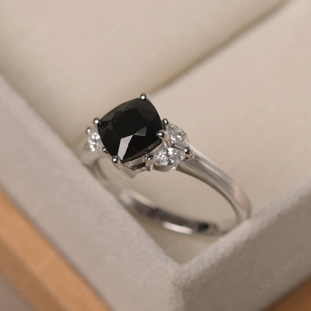 Black Spinel Kite Set Cushion Cut Engagement Ring - LUO Jewelry