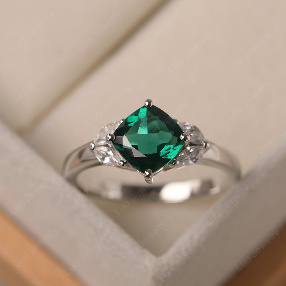 Lab Emerald Kite Set Cushion Cut Engagement Ring - LUO Jewelry