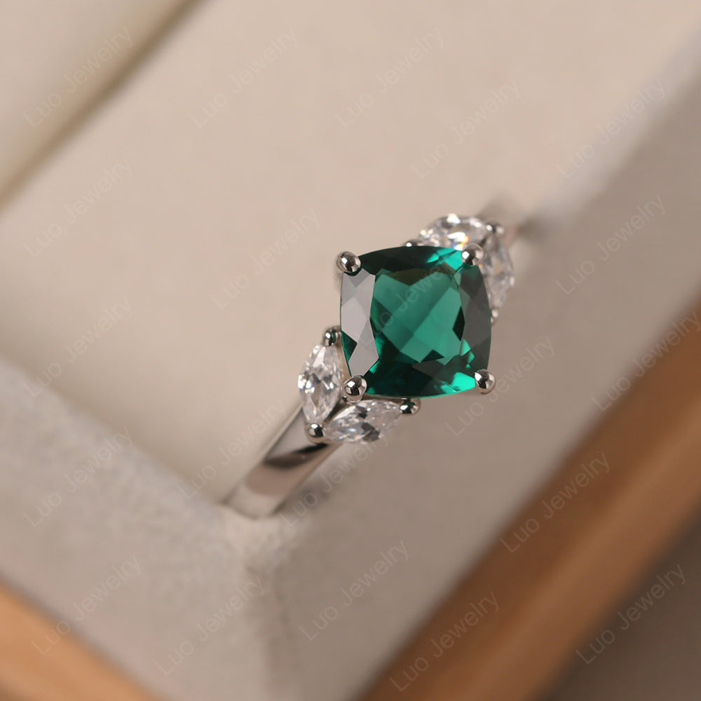 Lab Emerald Kite Set Cushion Cut Engagement Ring - LUO Jewelry