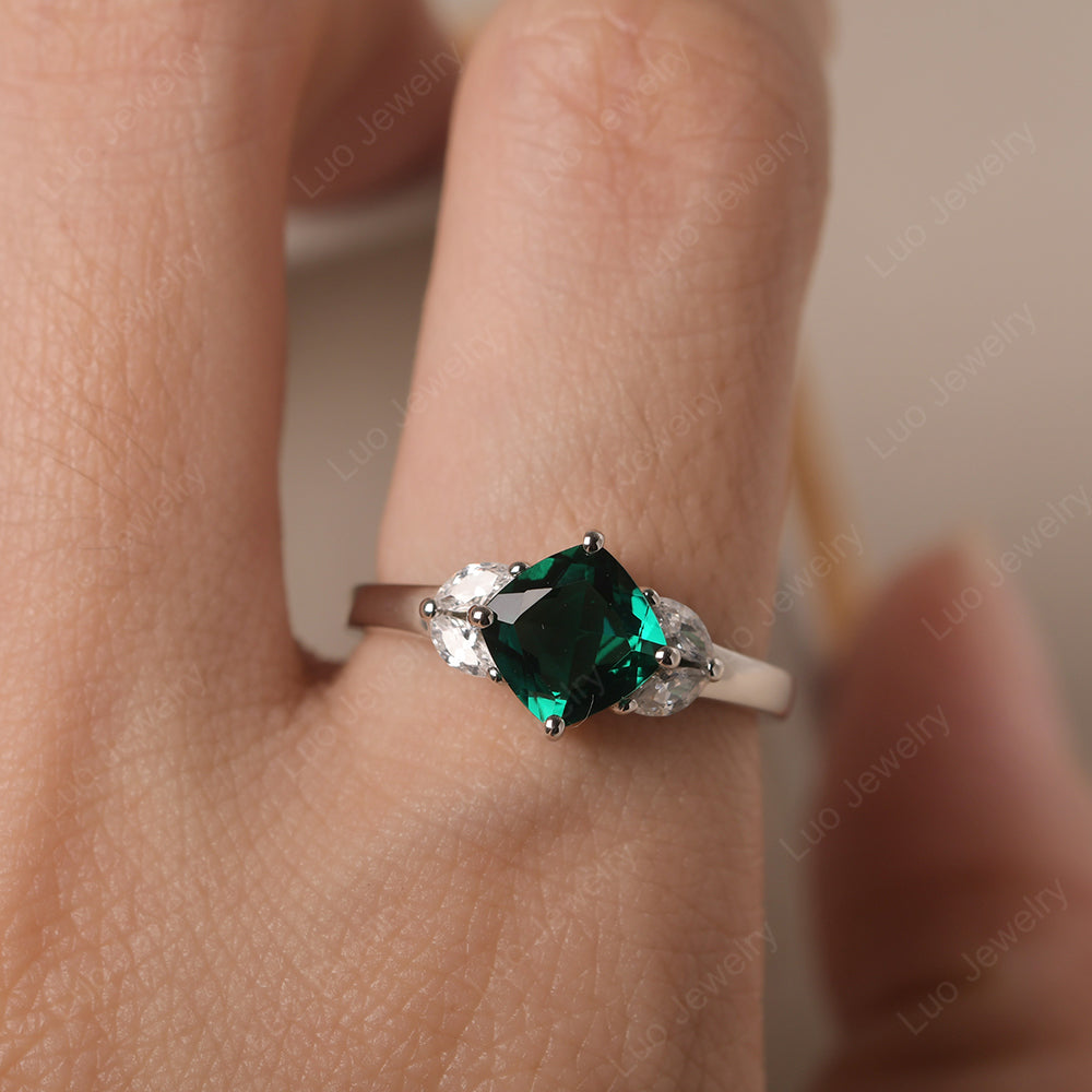 Lab Emerald Kite Set Cushion Cut Engagement Ring - LUO Jewelry