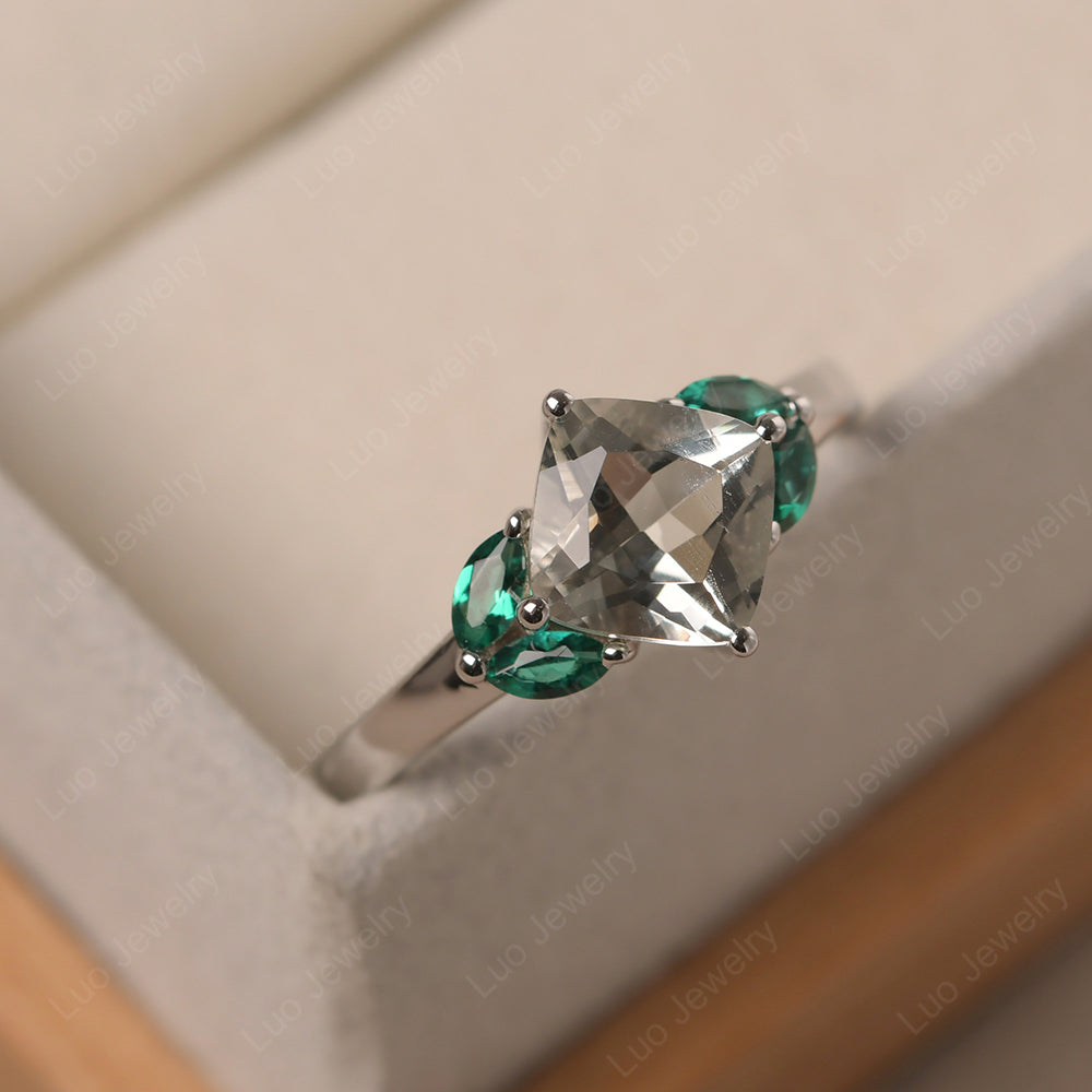 Green Amethyst Kite Set Cushion Cut Engagement Ring - LUO Jewelry