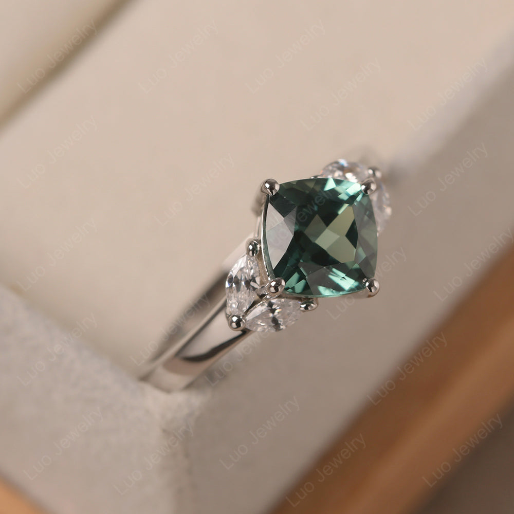 Green Sapphire Kite Set Cushion Cut Engagement Ring - LUO Jewelry