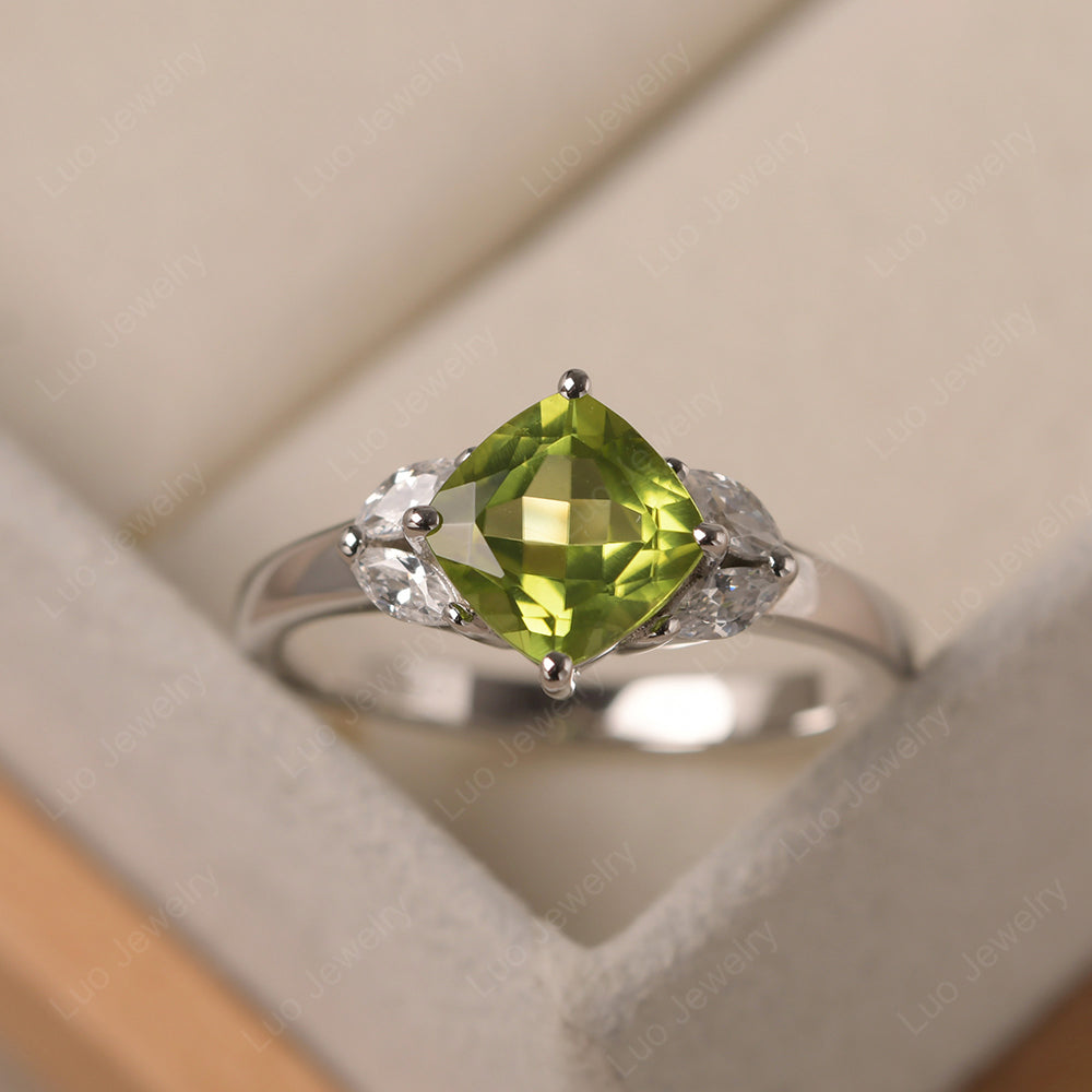 Peridot Kite Set Cushion Cut Engagement Ring - LUO Jewelry