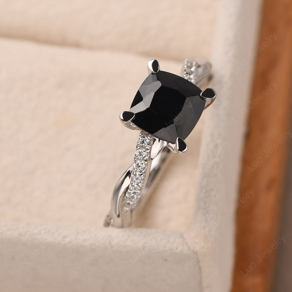 Cushion Cut Black Spinel Twist Engagement Rings - LUO Jewelry