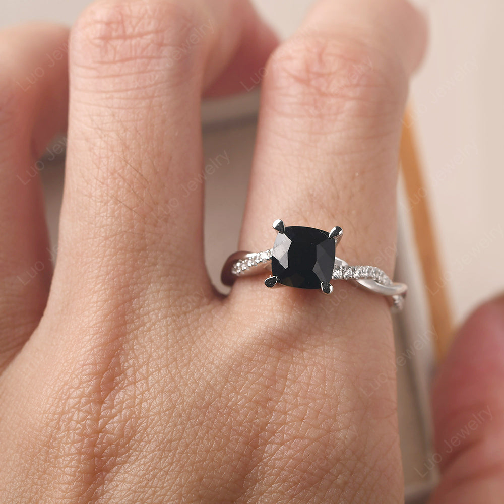 Cushion Cut Black Spinel Twist Engagement Rings - LUO Jewelry