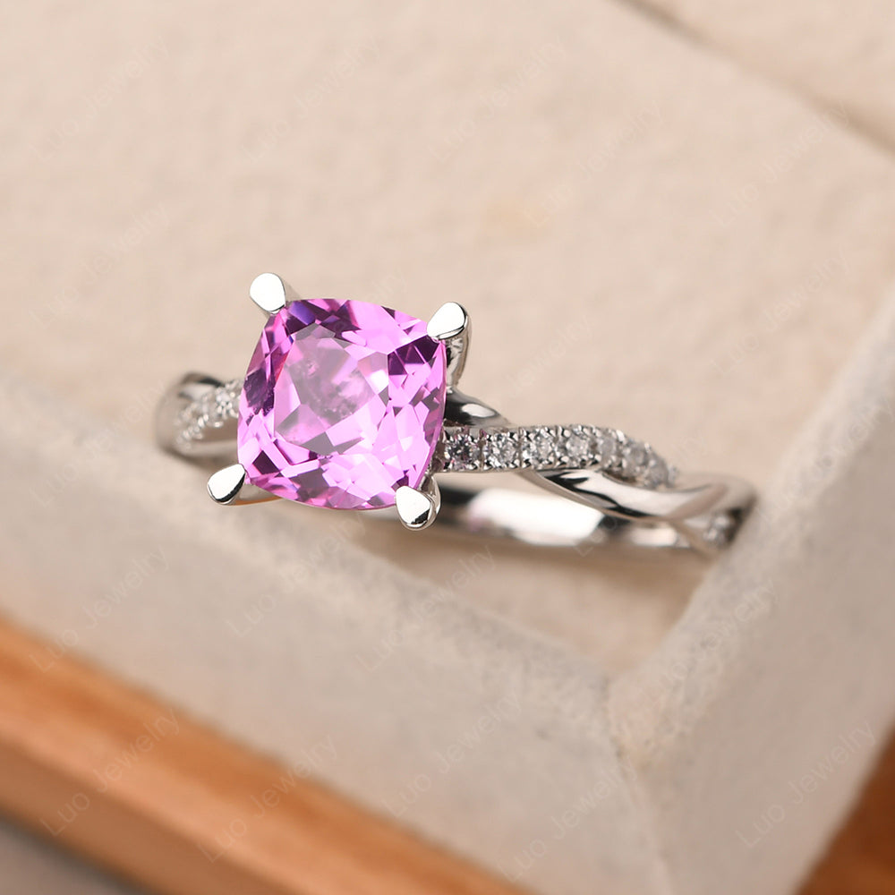 Twist Cushion Cut Pink Sapphire and Moissanite Engagement Ring