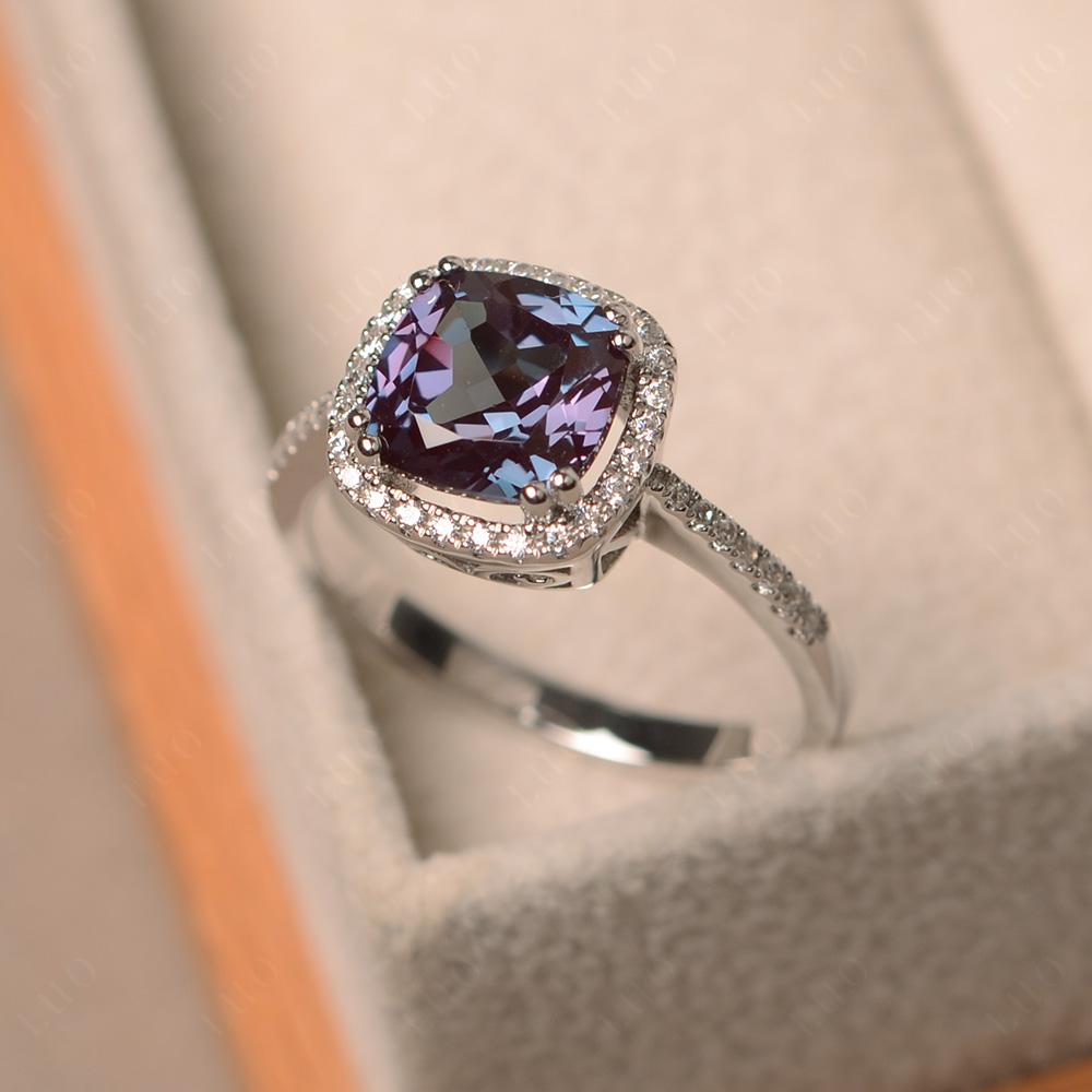 Cushion Lab Alexandrite Halo Engagement Ring - LUO Jewelry