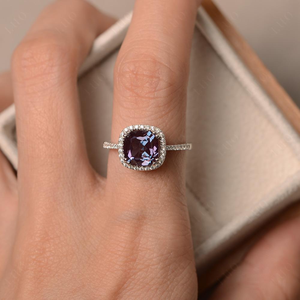 Cushion Lab Alexandrite Halo Engagement Ring - LUO Jewelry