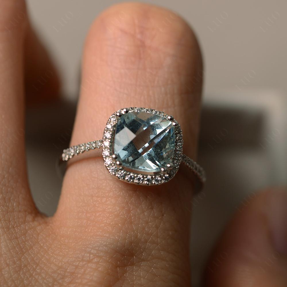 Cushion Aquamarine Halo Engagement Ring - LUO Jewelry