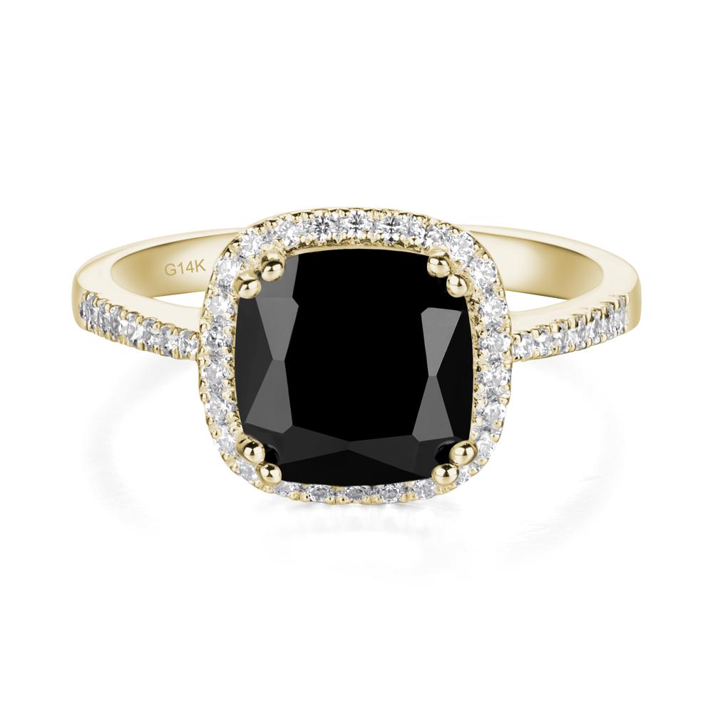 Cushion Black Stone Halo Engagement Ring - LUO Jewelry #metal_14k yellow gold