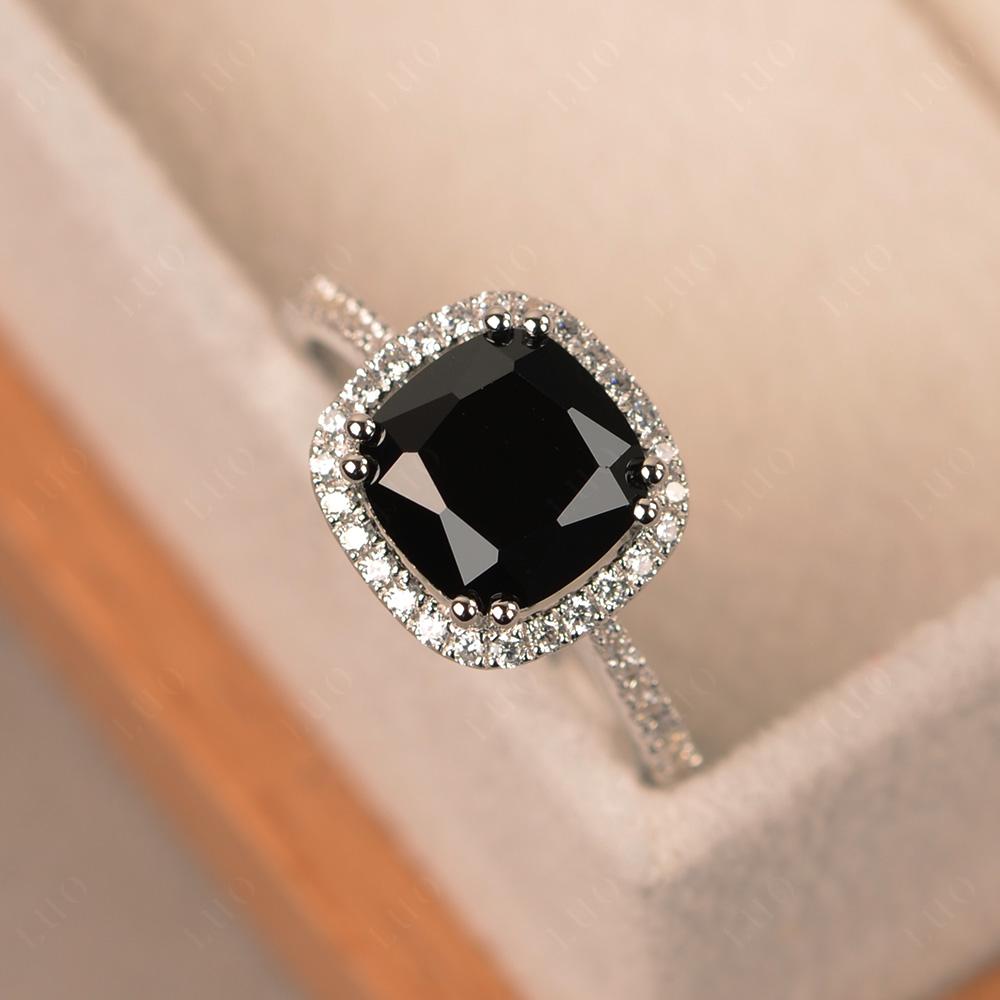 Cushion Cut Black Spinel Halo Engagement Ring - LUO Jewelry