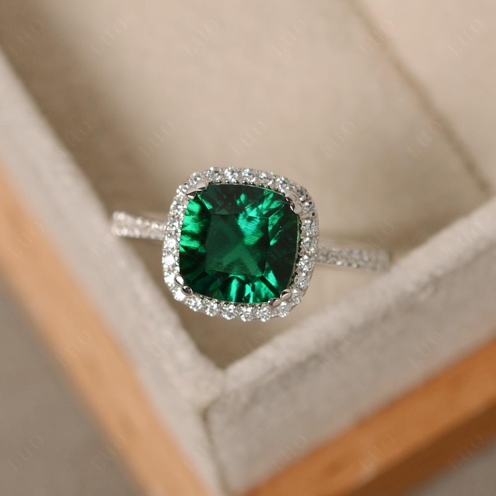 Cushion Cut Lab Emerald Halo Engagement Ring - LUO Jewelry
