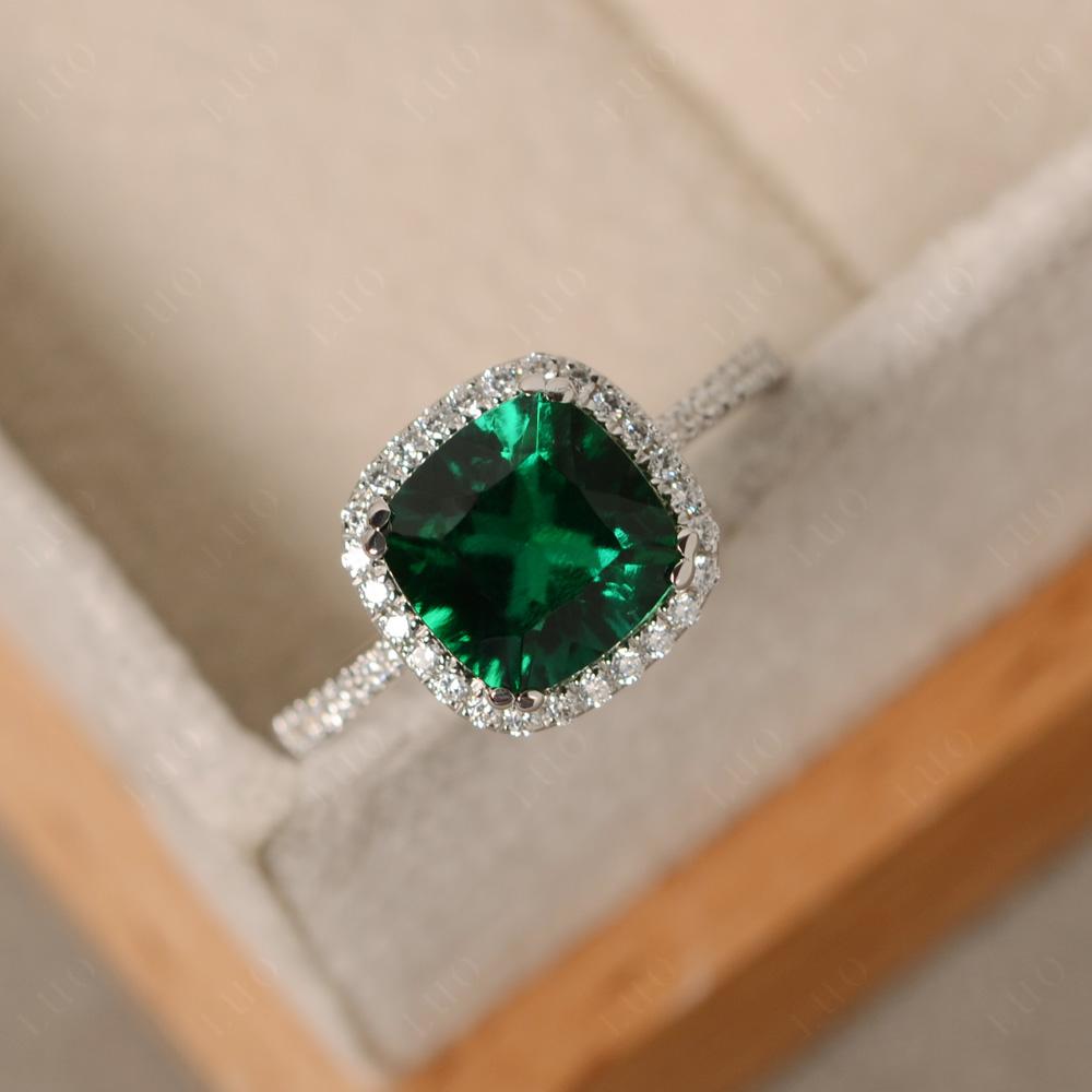 Cushion Lab Emerald Halo Engagement Ring - LUO Jewelry