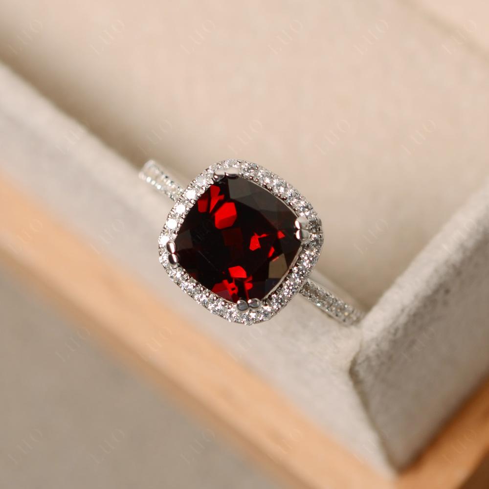 Cushion Cut Garnet Halo Engagement Ring - LUO Jewelry