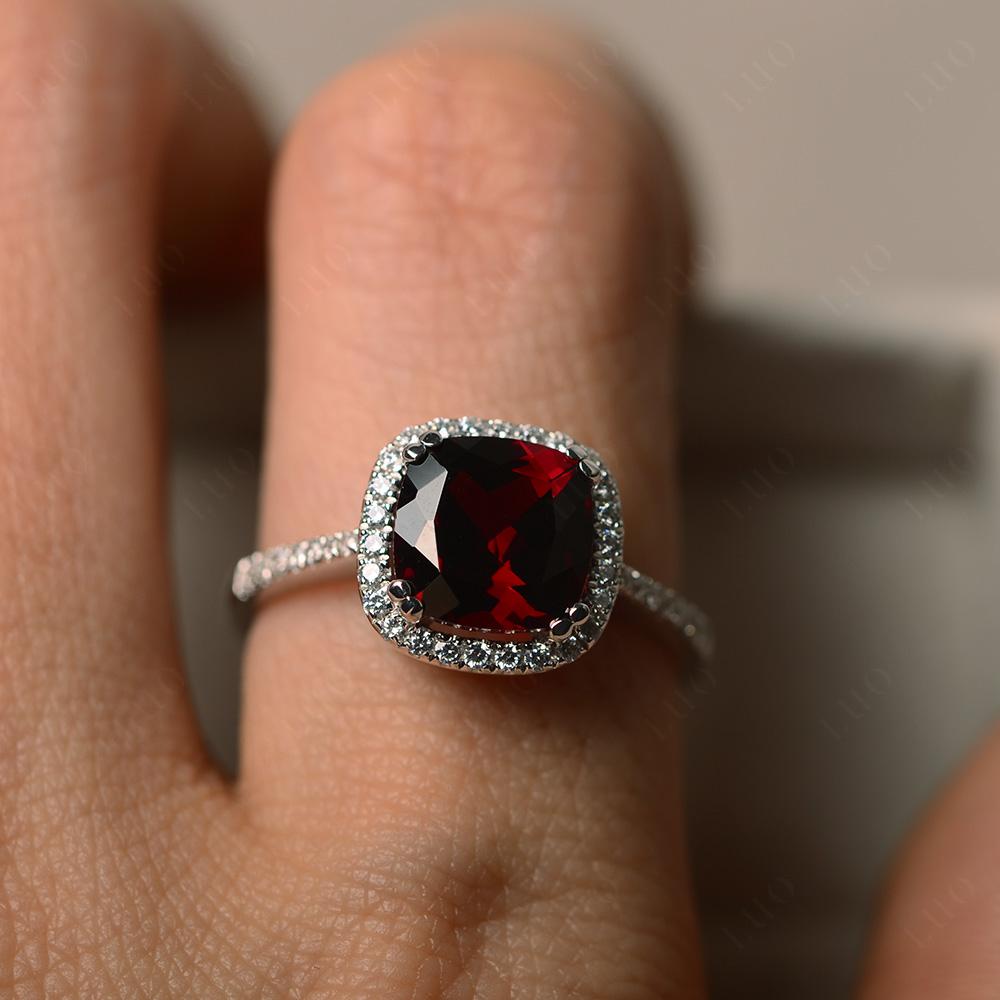 Cushion Cut Garnet Halo Engagement Ring - LUO Jewelry