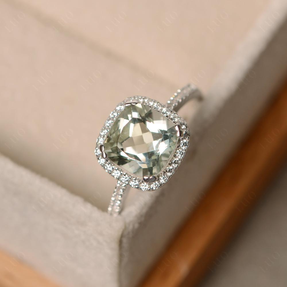 Cushion Green Amethyst Halo Engagement Ring - LUO Jewelry