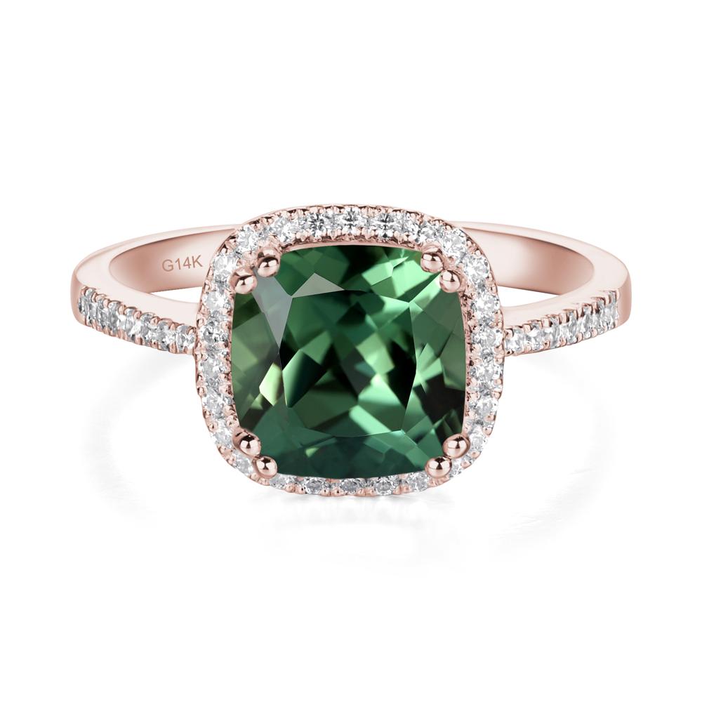 Cushion Lab Green Sapphire Halo Engagement Ring - LUO Jewelry #metal_14k rose gold