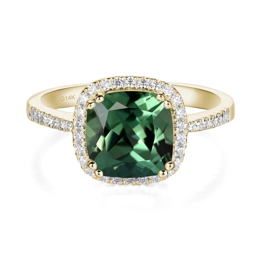 Cushion Lab Green Sapphire Halo Engagement Ring - LUO Jewelry #metal_14k yellow gold