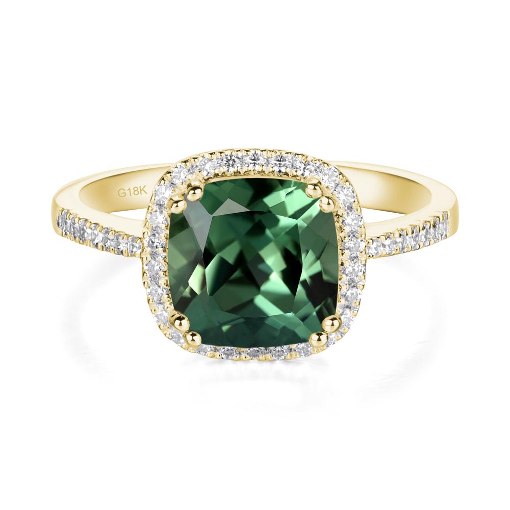 Cushion Lab Green Sapphire Halo Engagement Ring - LUO Jewelry #metal_18k yellow gold
