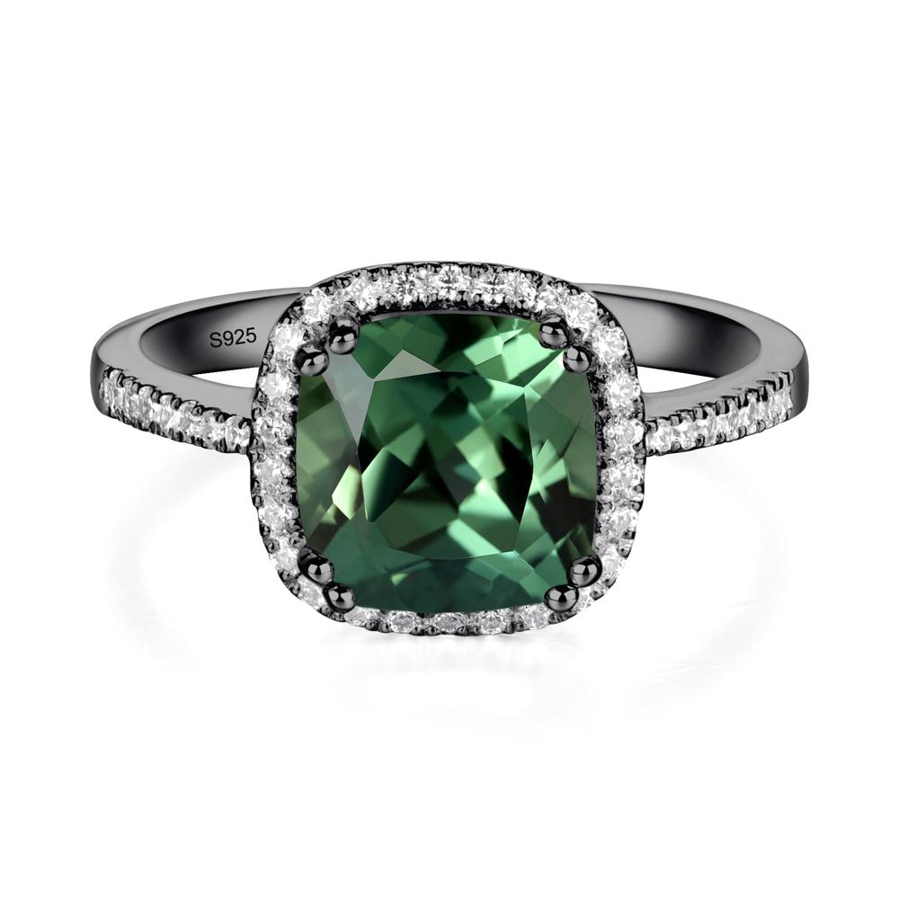 Cushion Lab Green Sapphire Halo Engagement Ring - LUO Jewelry #metal_black finish sterling silver