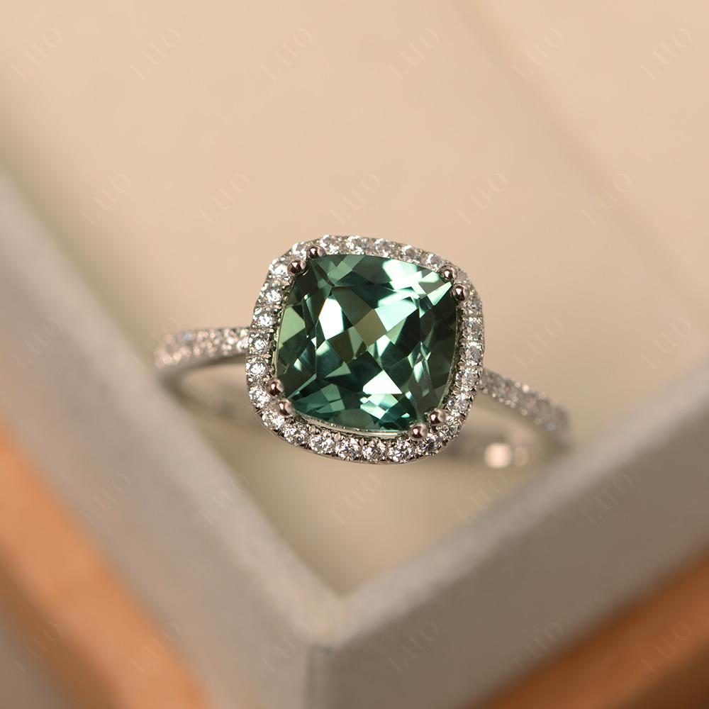 Cushion Lab Green Sapphire Halo Engagement Ring - LUO Jewelry
