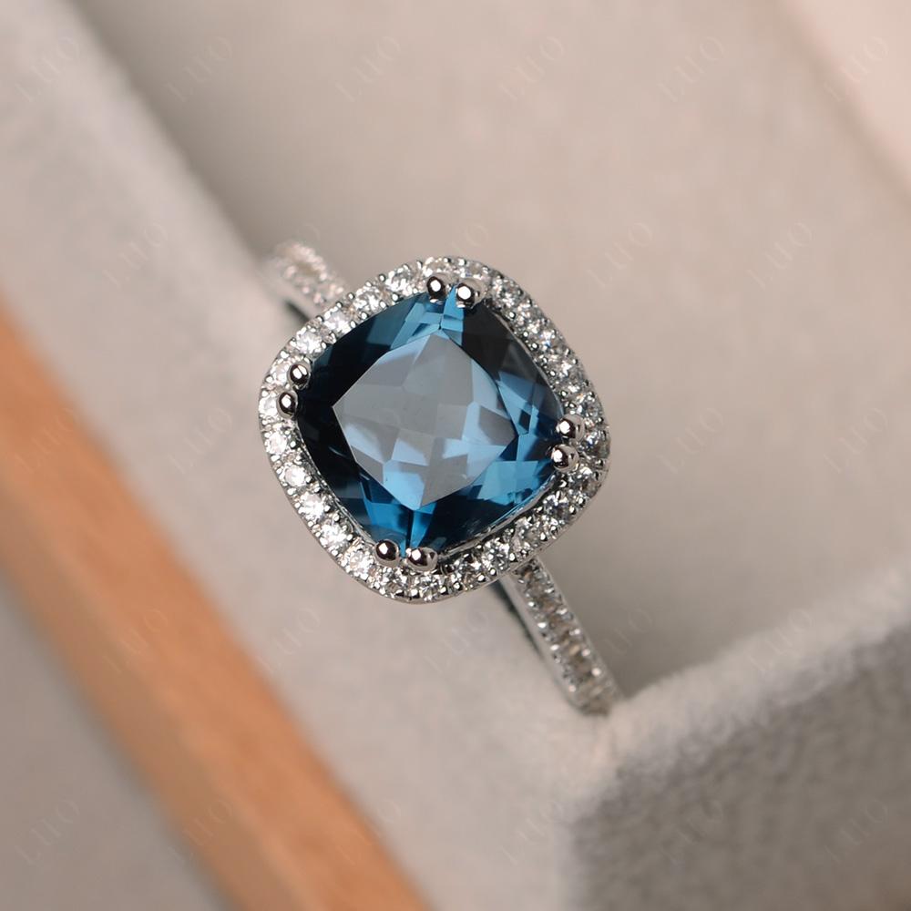 Cushion London Blue Topaz Halo Engagement Ring - LUO Jewelry