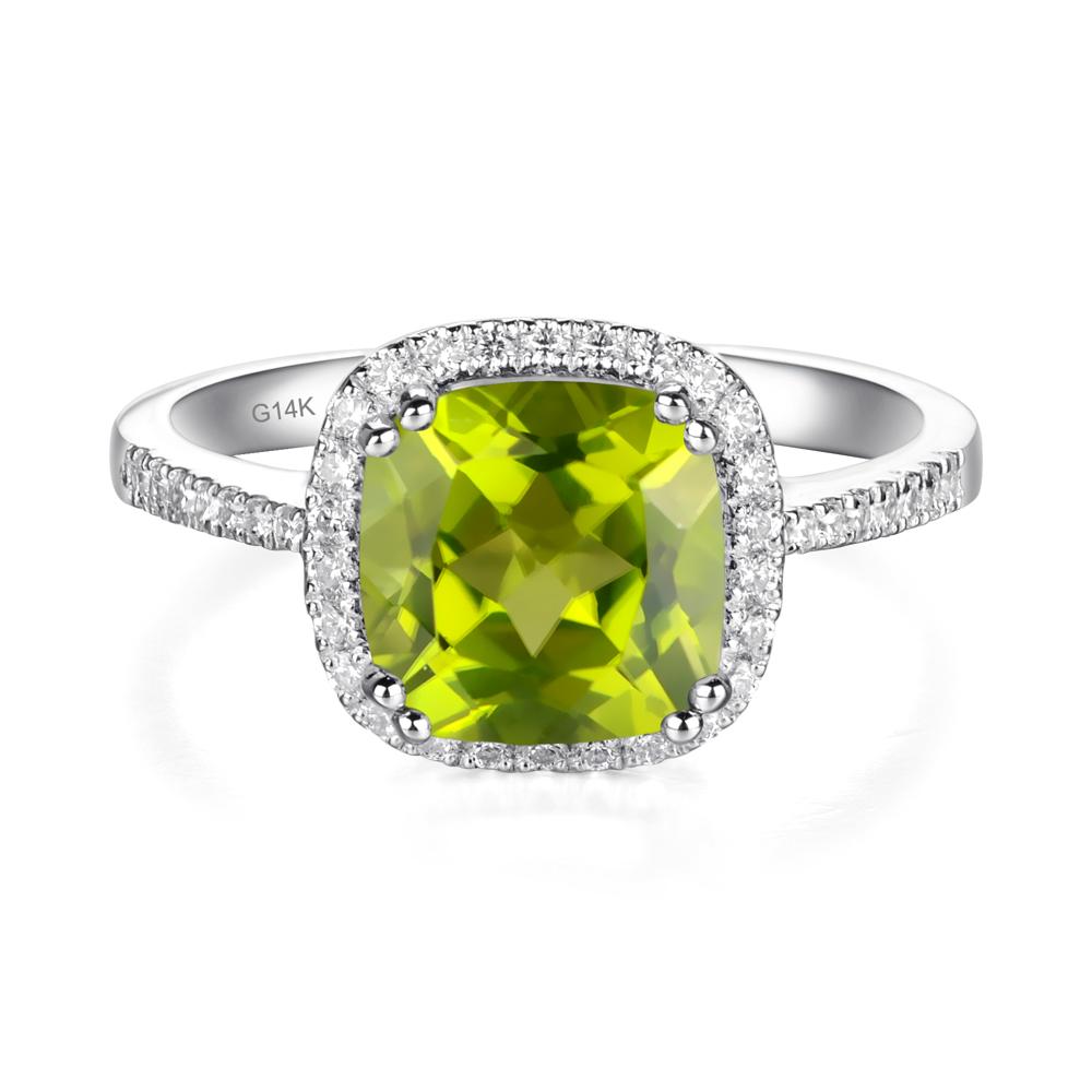 Cushion Peridot Halo Engagement Ring - LUO Jewelry #metal_14k white gold