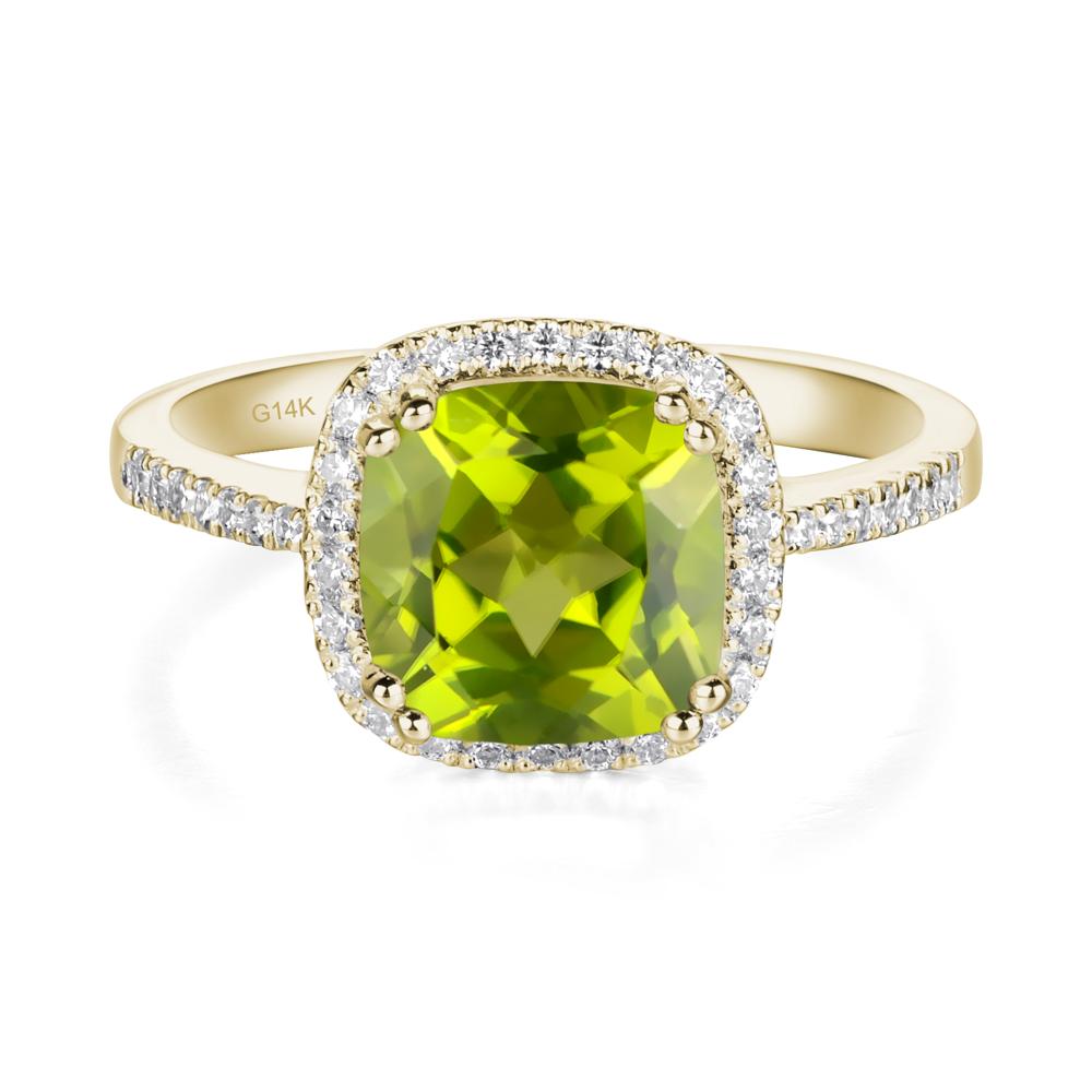 Cushion Peridot Halo Engagement Ring - LUO Jewelry #metal_14k yellow gold