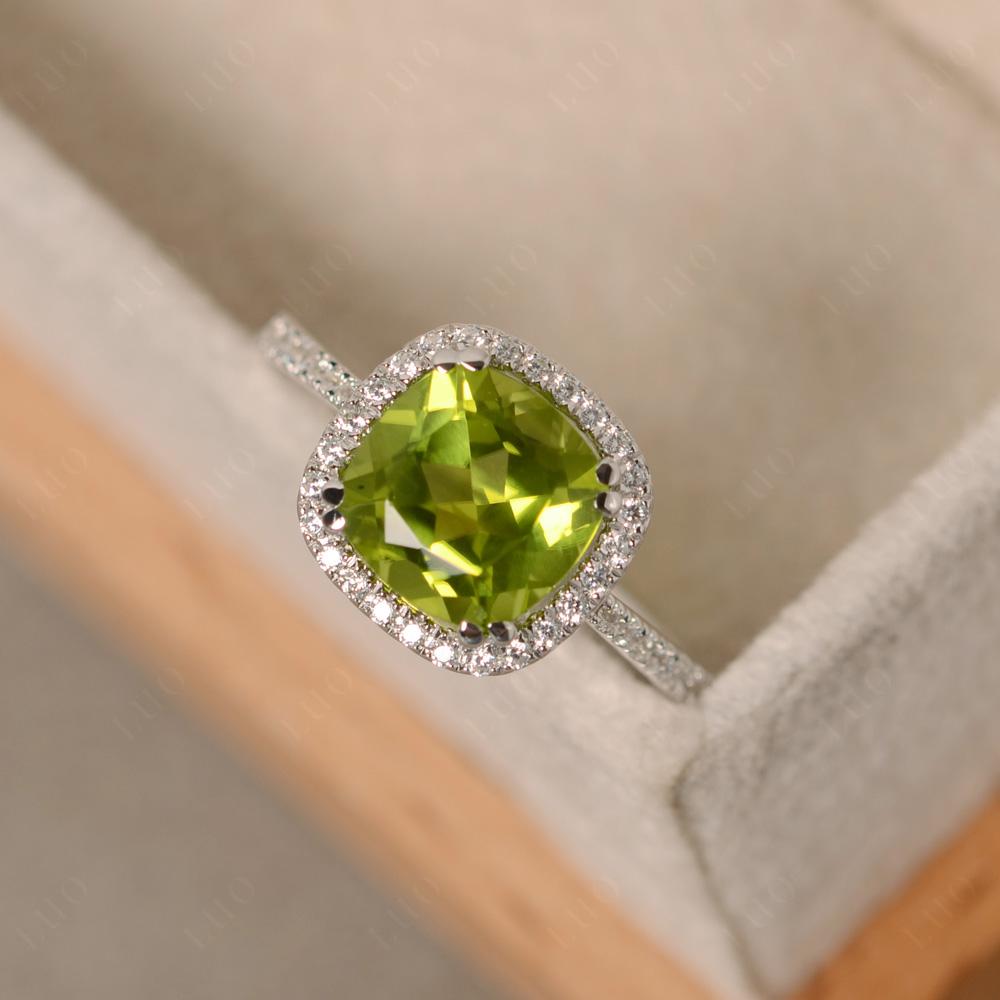 Cushion Cut Peridot Halo Engagement Ring - LUO Jewelry