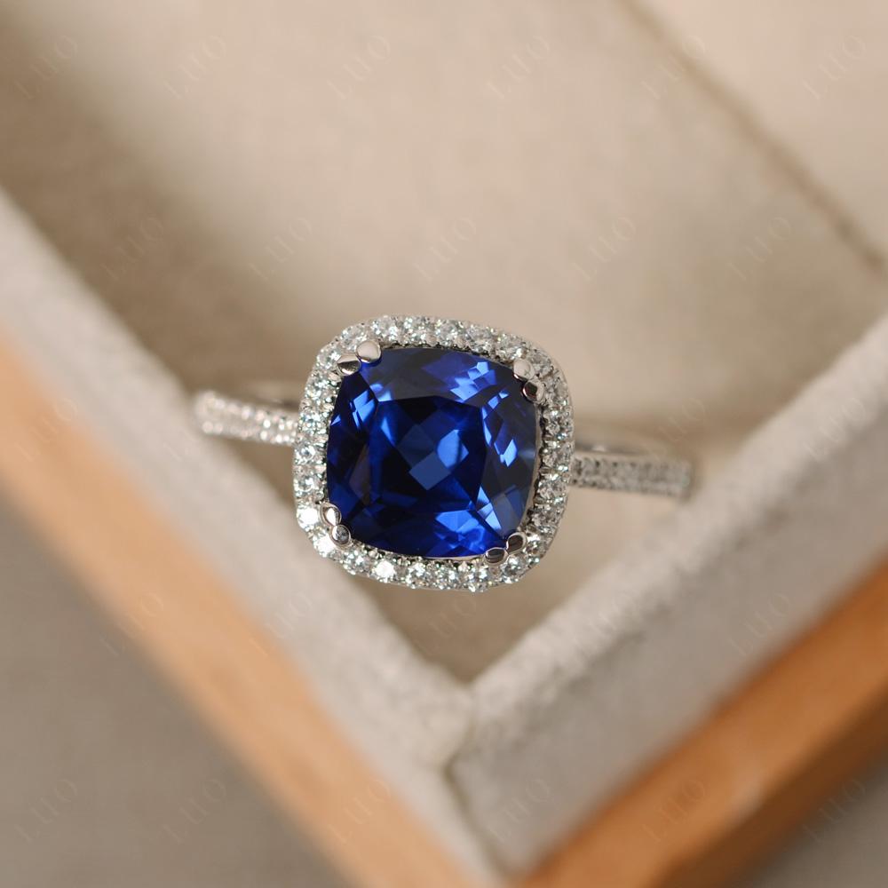 Cushion Cut Lab Sapphire Halo Engagement Ring - LUO Jewelry