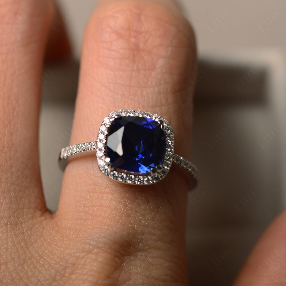 Cushion Cut Lab Sapphire Halo Engagement Ring - LUO Jewelry
