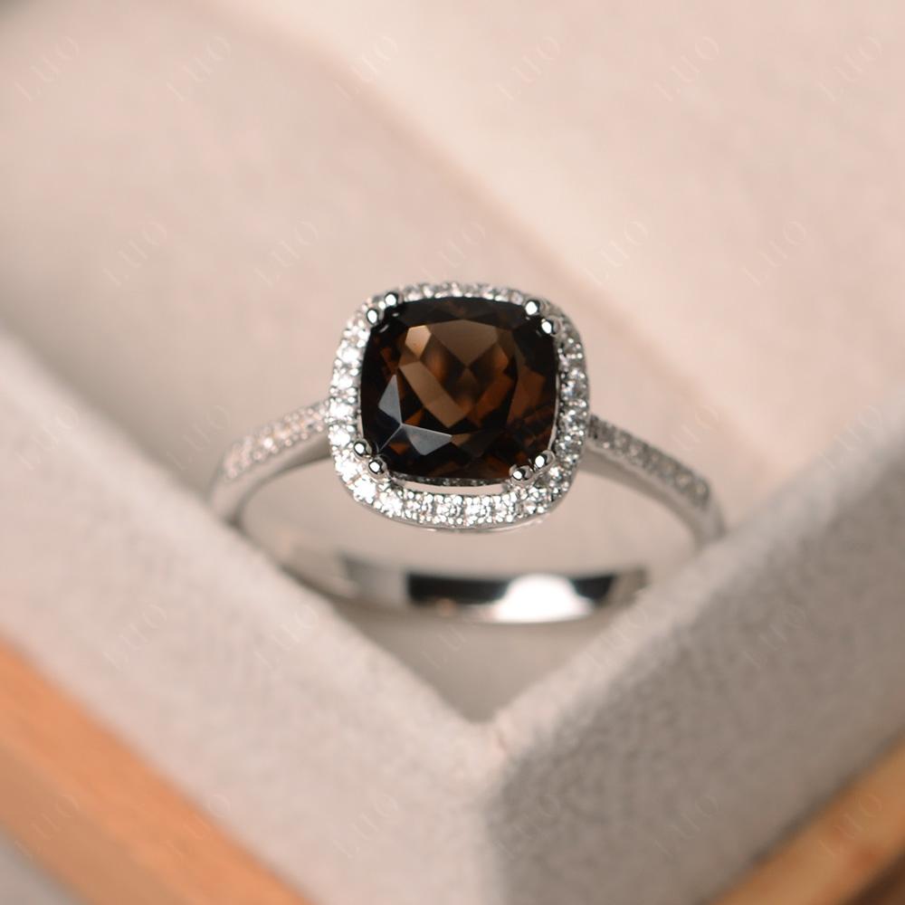 Cushion Smoky Quartz Halo Engagement Ring - LUO Jewelry