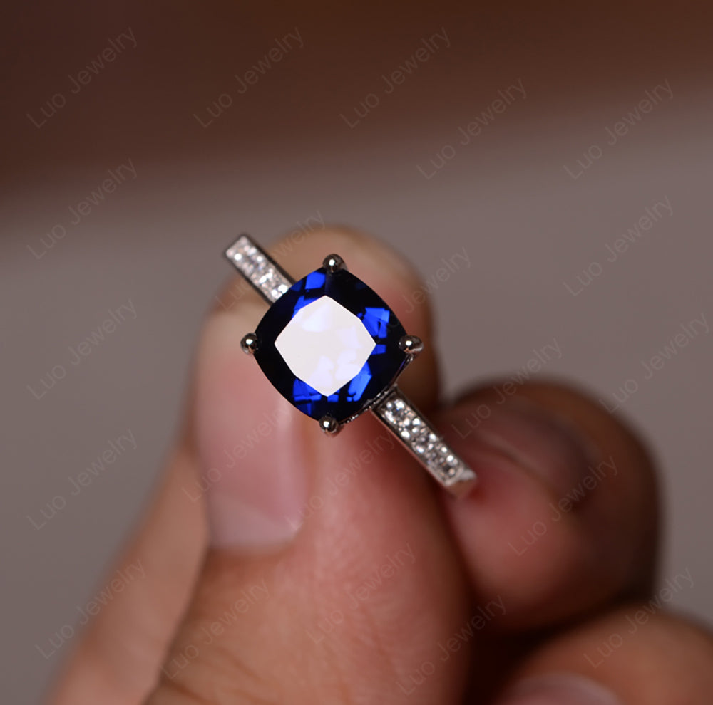 Lab Sapphire Engagement Ring Cushion Cut Gold - LUO Jewelry