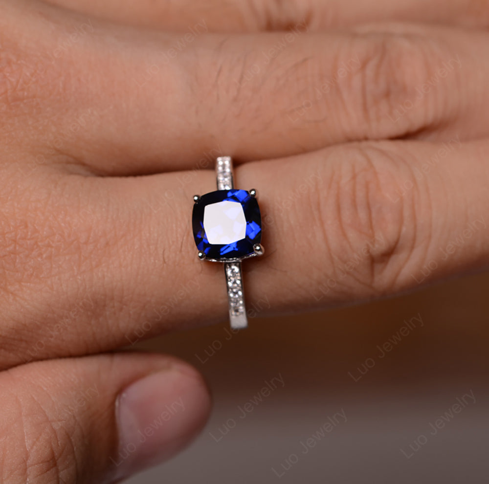 Lab Sapphire Engagement Ring Cushion Cut Gold - LUO Jewelry