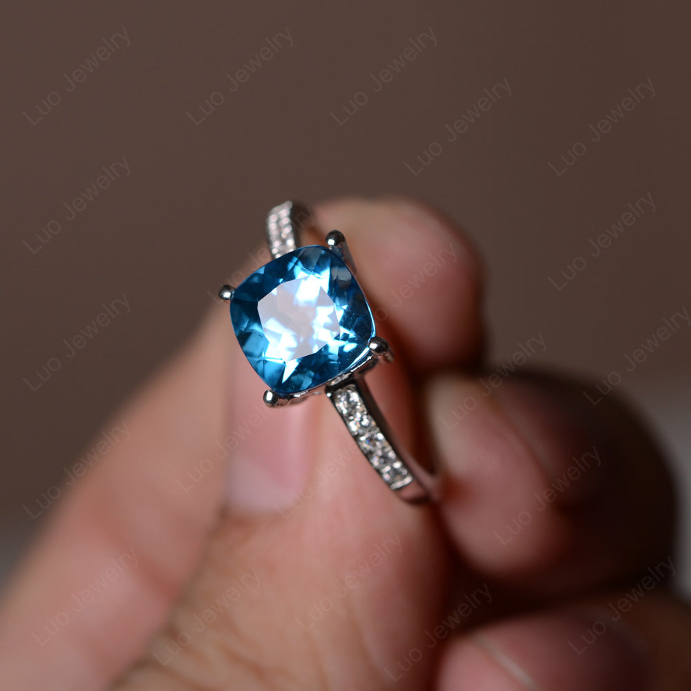 Swiss Blue Topaz Engagement Ring Cushion Cut Gold - LUO Jewelry