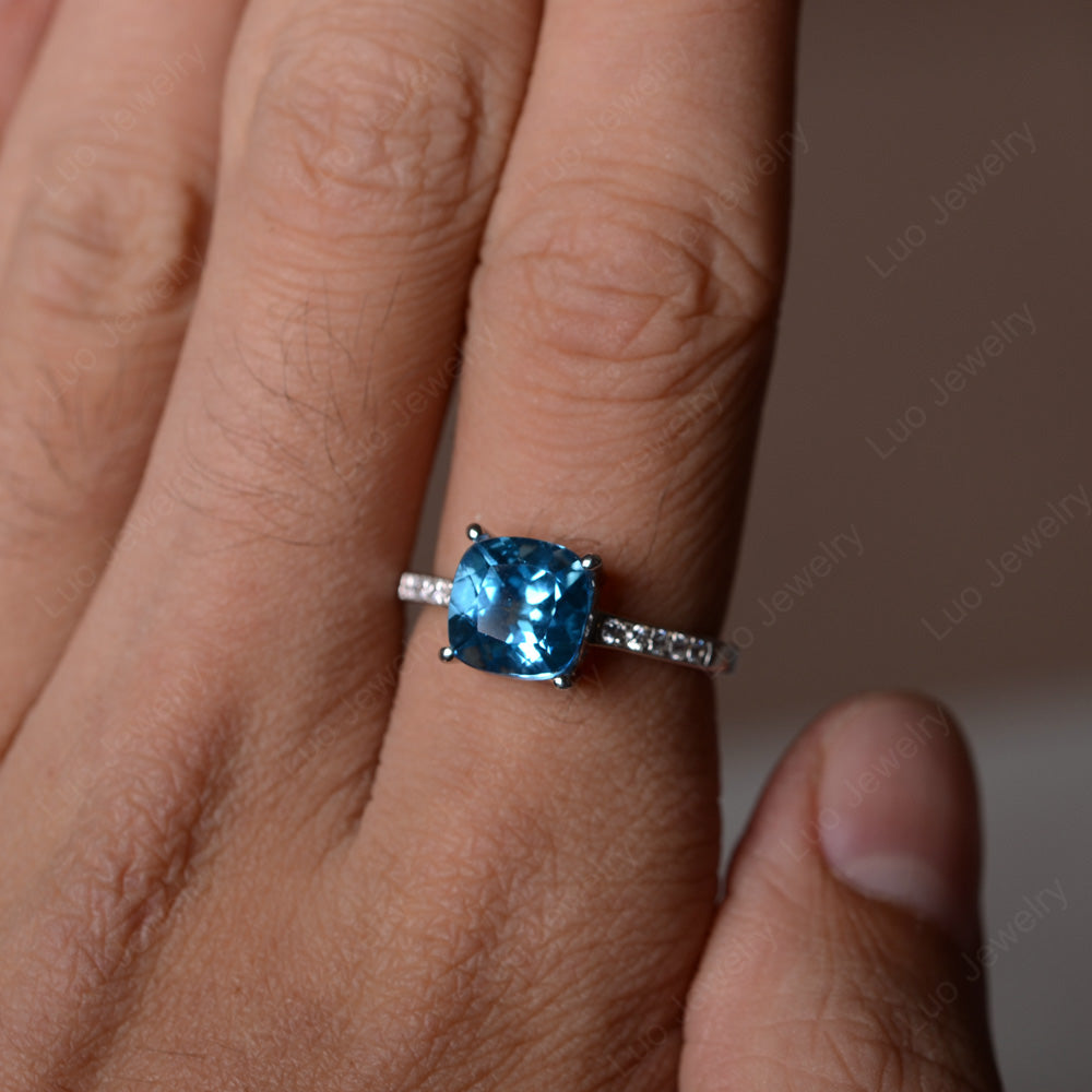 Swiss Blue Topaz Engagement Ring Cushion Cut Gold - LUO Jewelry