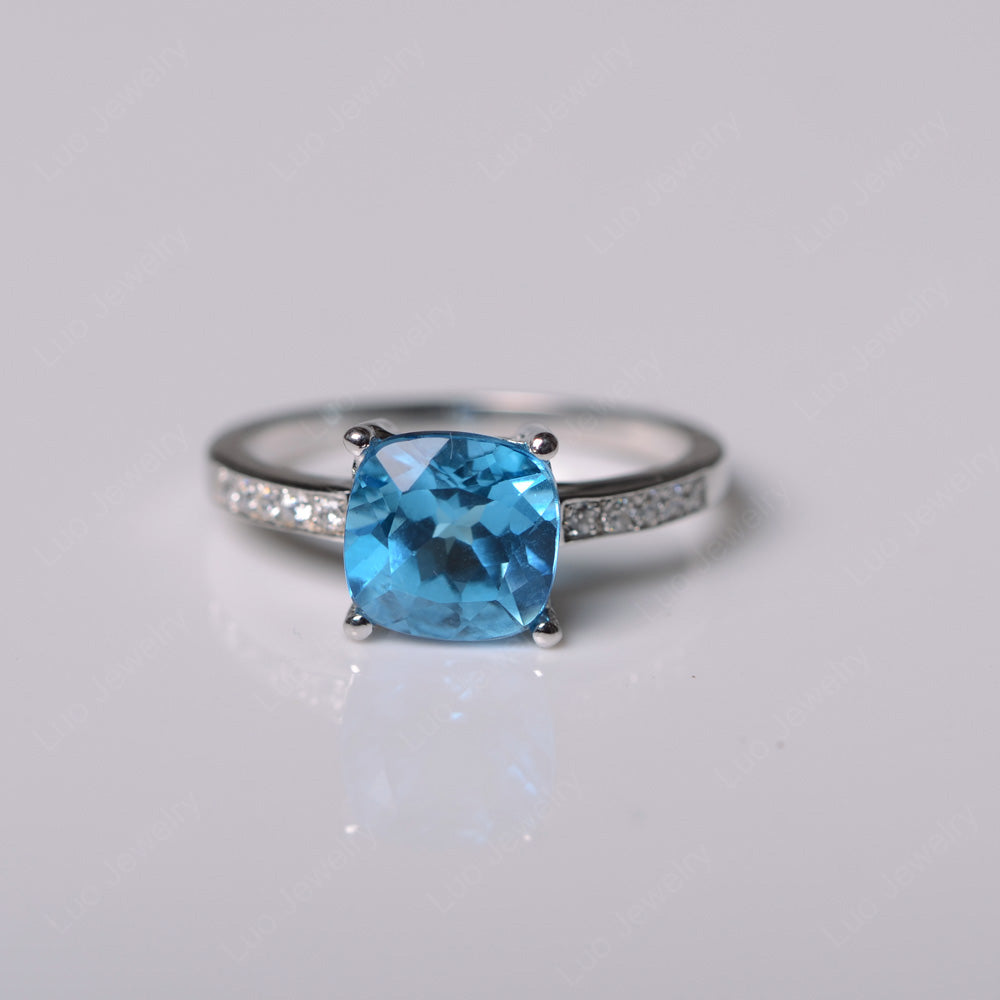 Swiss Blue Topaz Engagement Ring Cushion Cut Gold - LUO Jewelry