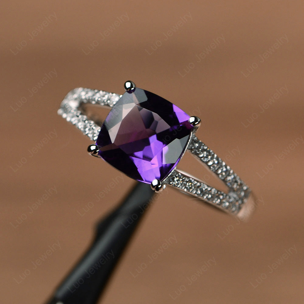 Amethyst Ring Split Shank Cushion Cut Ring - LUO Jewelry