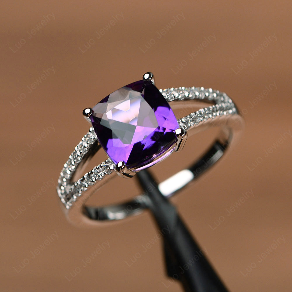 Amethyst Ring Split Shank Cushion Cut Ring - LUO Jewelry