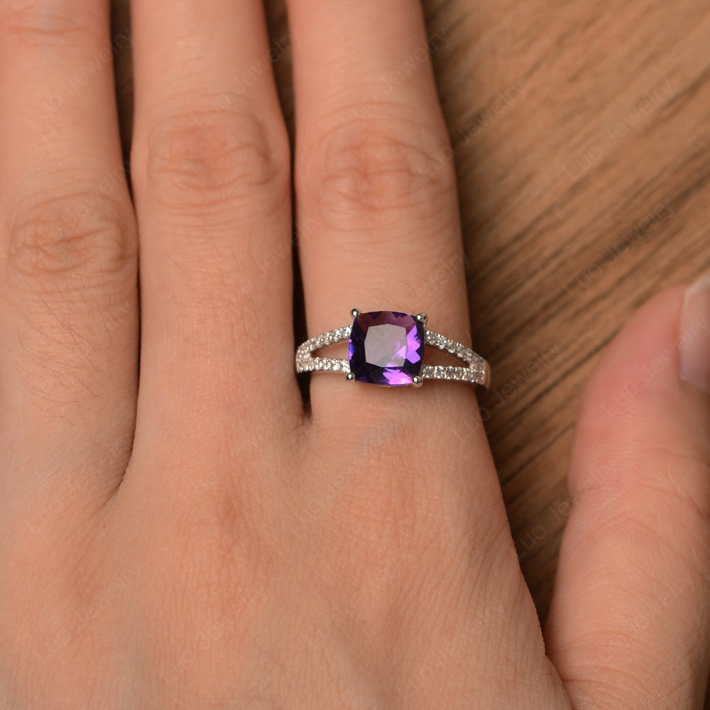 Amethyst Ring Split Shank Cushion Cut Ring - LUO Jewelry