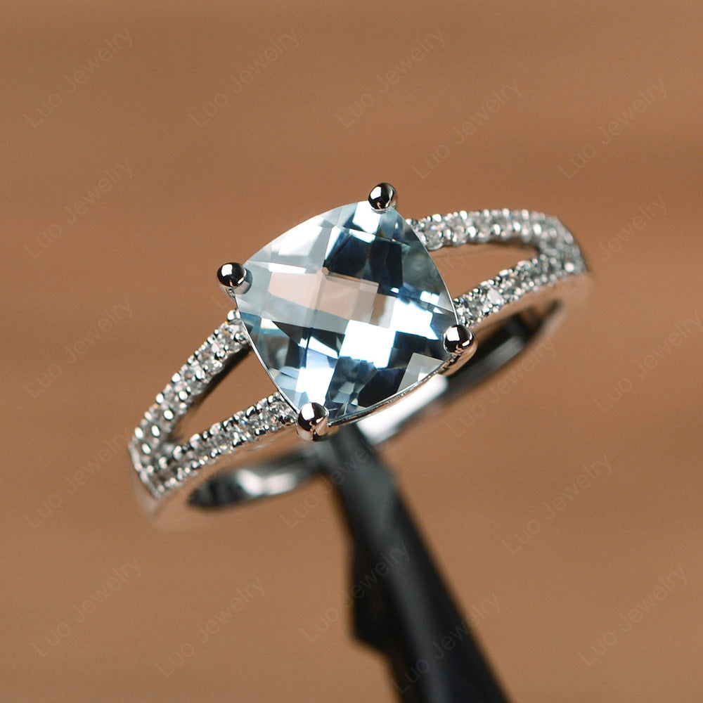 Aquamarine Ring Split Shank Cushion Cut Ring - LUO Jewelry