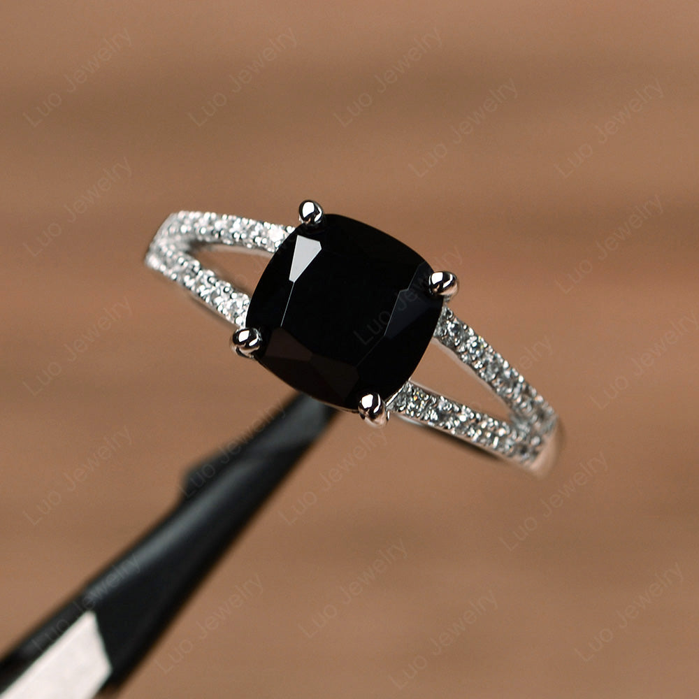 Black Spinel Ring Split Shank Cushion Cut Ring - LUO Jewelry