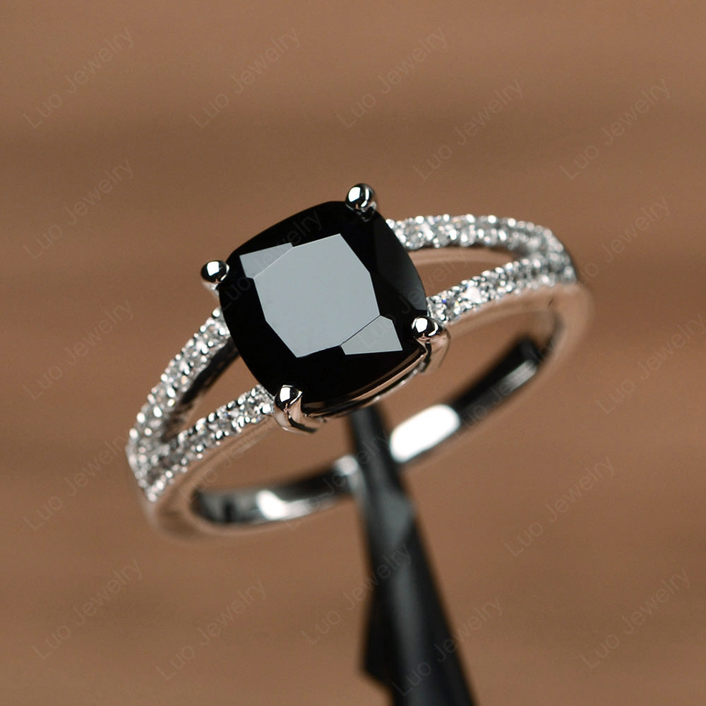 Black Spinel Ring Split Shank Cushion Cut Ring - LUO Jewelry