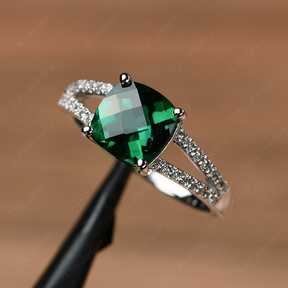 Lab Emerald Ring Split Shank Cushion Cut Ring - LUO Jewelry