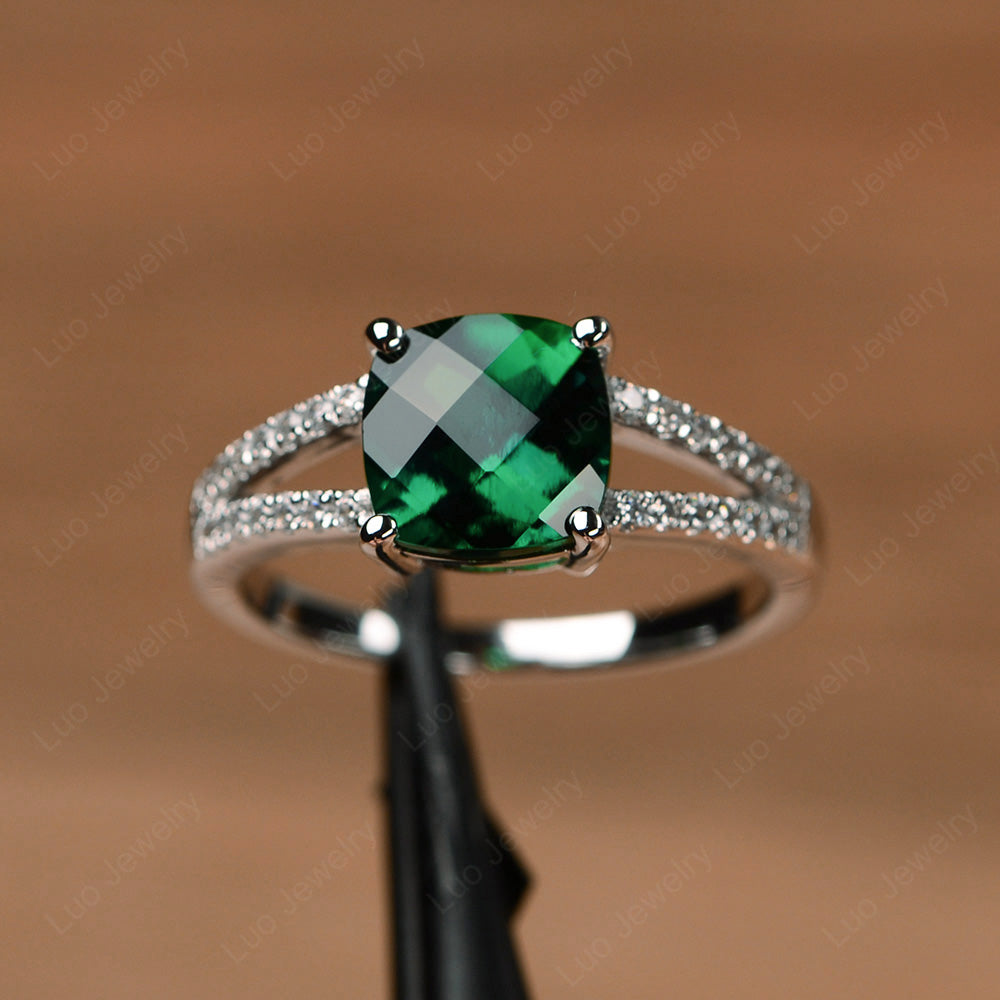 Lab Emerald Ring Split Shank Cushion Cut Ring - LUO Jewelry